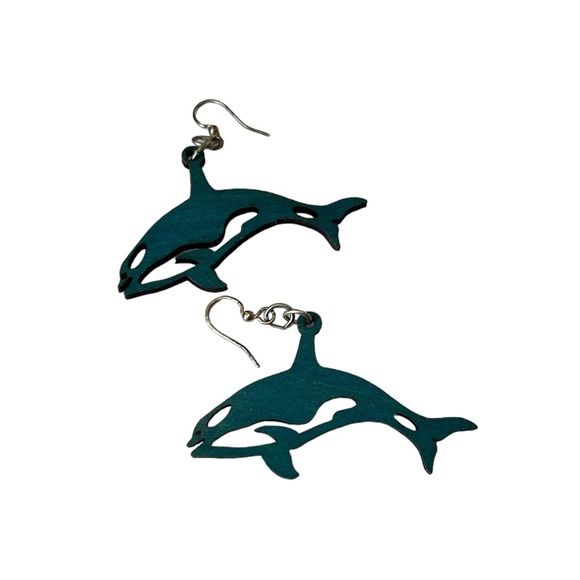 Wooden Blue Whale Earrings - Picture 2 of 4